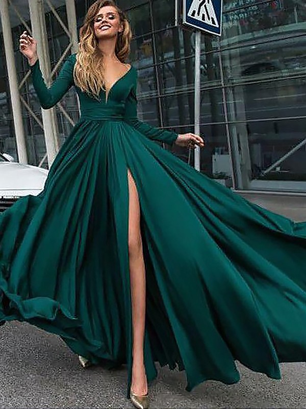 A-Line/Princess V-Neck Long Sleeves Floor-Length Ruffles Satin Chiffon Dresses 5475