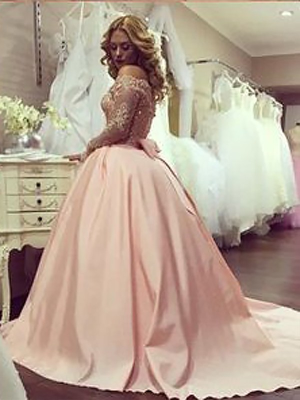 Ball Gown Long Sleeves Off-the-Shoulder Beading Satin Court Train Dresses 5641