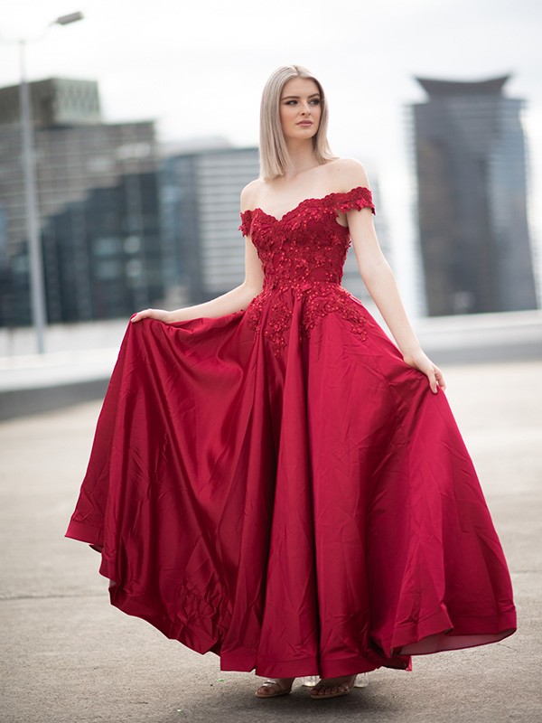 Ball Gown Off-the-Shoulder Satin Applique Sleeveless Floor-Length Dresses 5654