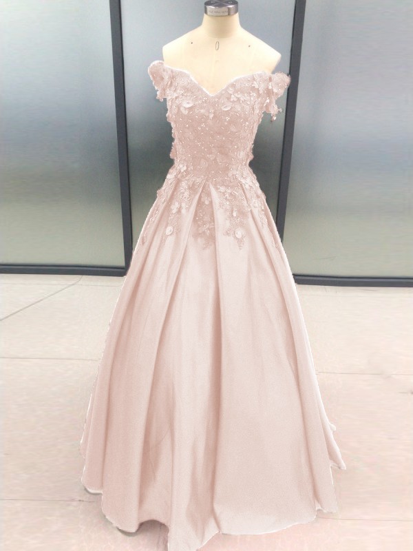 Ball Gown Sleeveless Off-the-Shoulder Applique Satin Floor-Length Dresses 5700