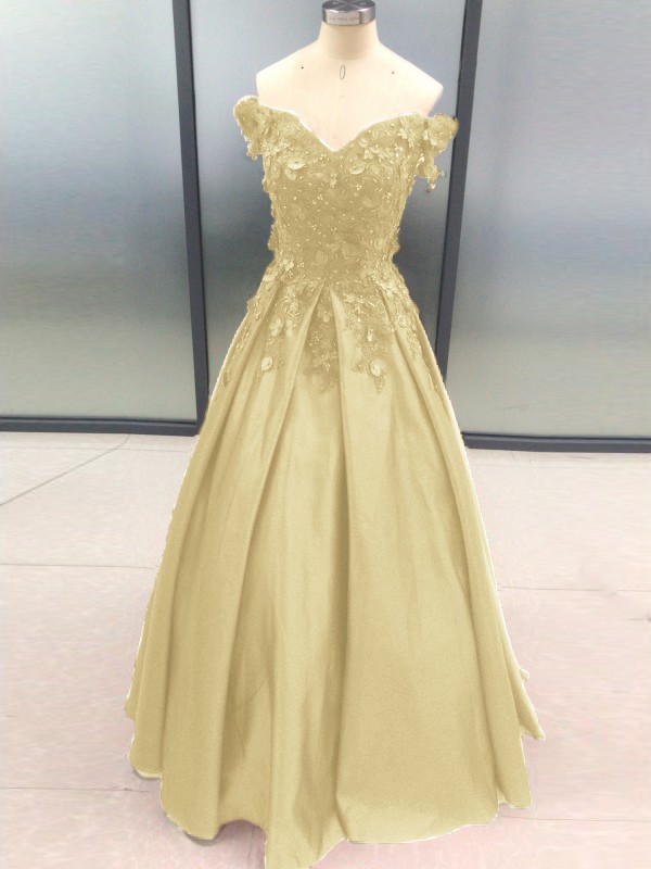 Ball Gown Sleeveless Off-the-Shoulder Applique Satin Floor-Length Dresses 5700