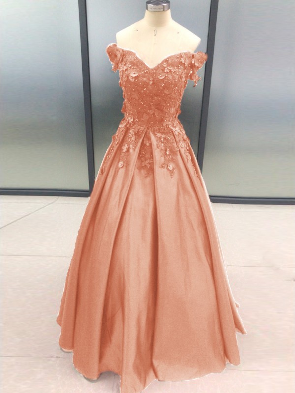 Ball Gown Sleeveless Off-the-Shoulder Applique Satin Floor-Length Dresses 5700