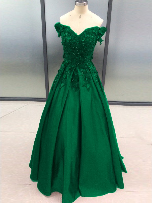 Ball Gown Sleeveless Off-the-Shoulder Applique Satin Floor-Length Dresses 5700