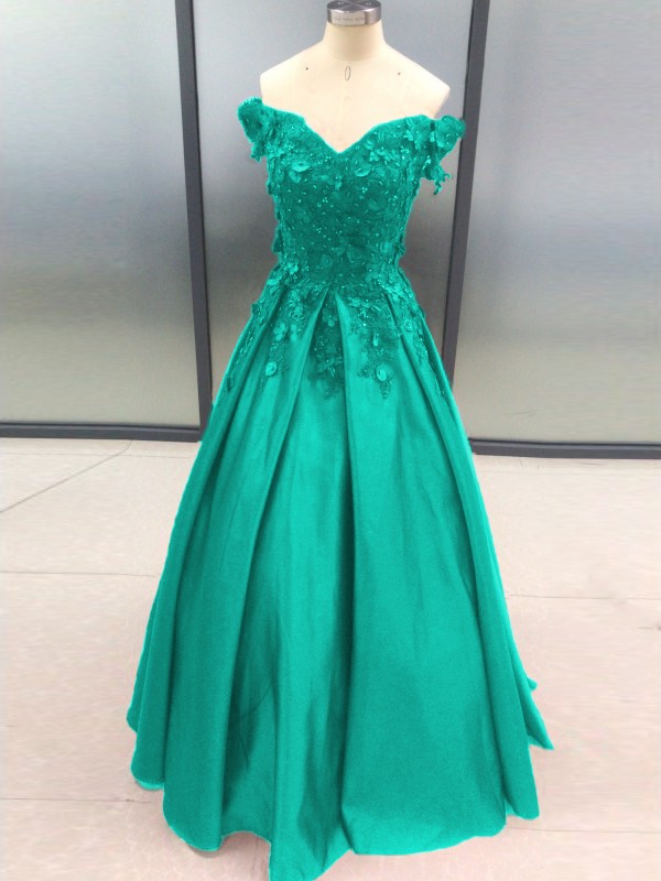 Ball Gown Sleeveless Off-the-Shoulder Applique Satin Floor-Length Dresses 5700