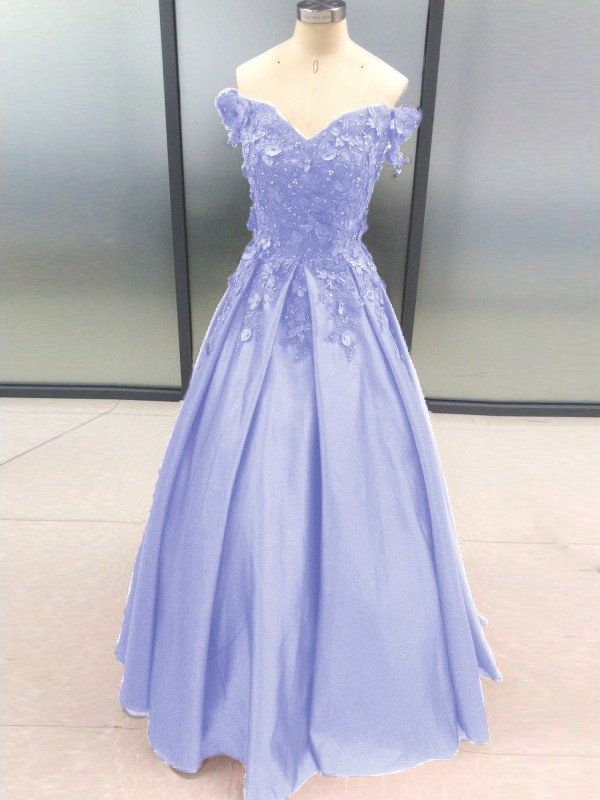 Ball Gown Sleeveless Off-the-Shoulder Applique Satin Floor-Length Dresses 5700