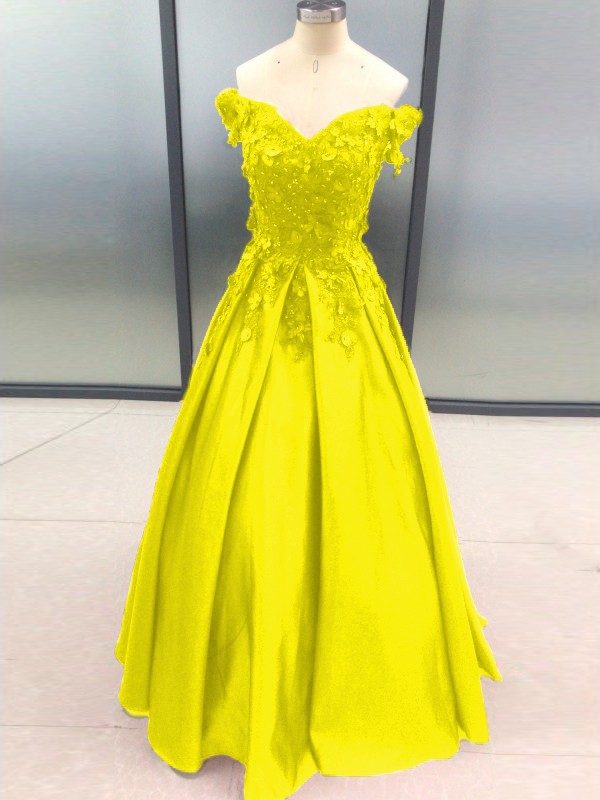 Ball Gown Sleeveless Off-the-Shoulder Applique Satin Floor-Length Dresses 5700