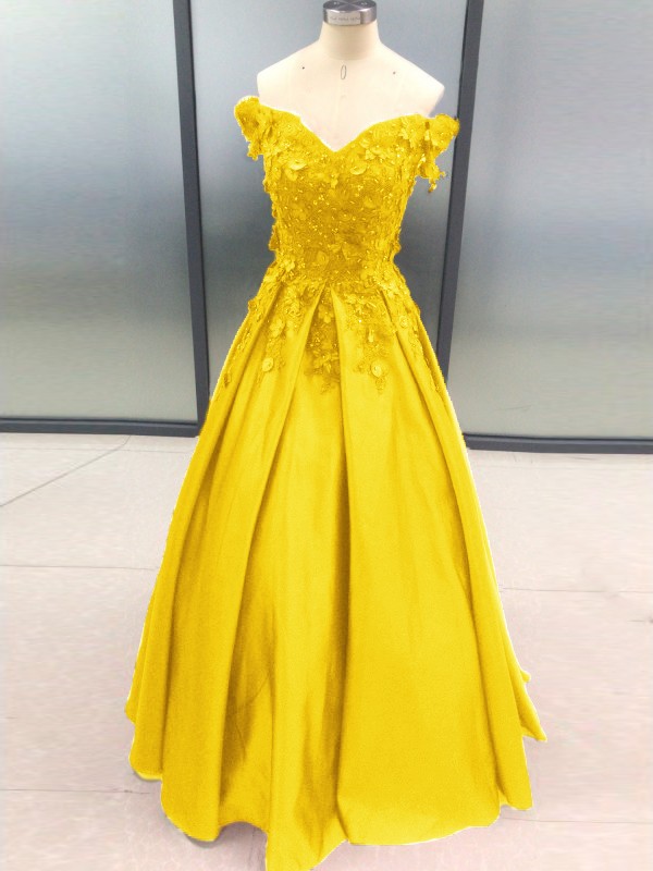 Ball Gown Sleeveless Off-the-Shoulder Applique Satin Floor-Length Dresses 5700