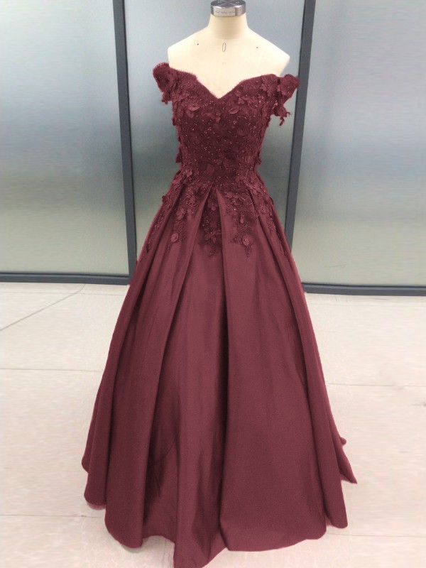 Ball Gown Sleeveless Off-the-Shoulder Applique Satin Floor-Length Dresses 5700