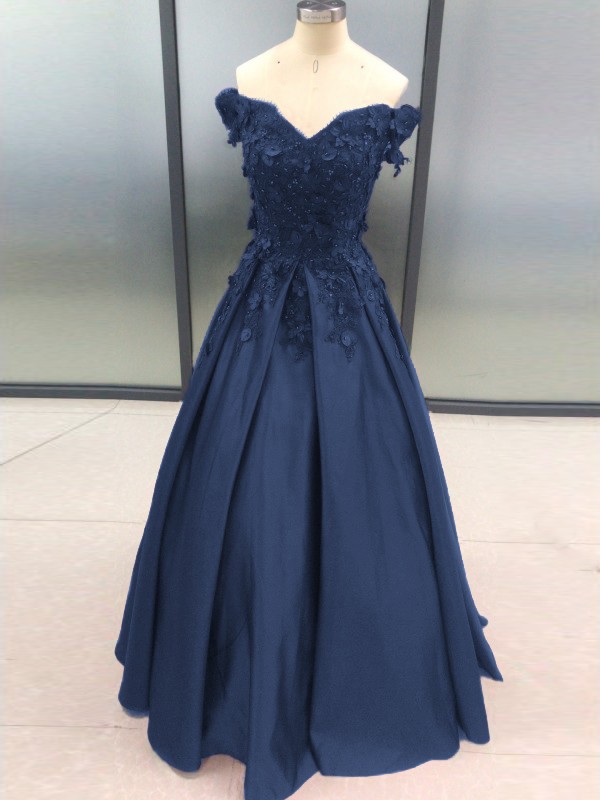 Ball Gown Sleeveless Off-the-Shoulder Applique Satin Floor-Length Dresses 5700