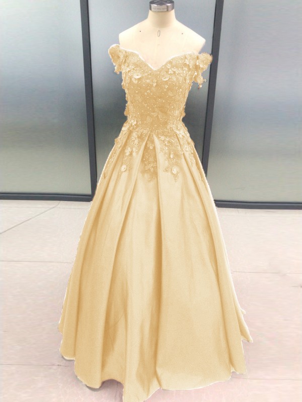 Ball Gown Sleeveless Off-the-Shoulder Applique Satin Floor-Length Dresses 5700