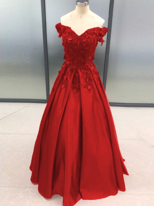 Ball Gown Sleeveless Off-the-Shoulder Applique Satin Floor-Length Dresses 5700