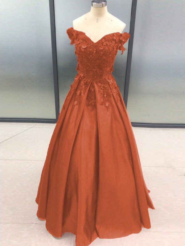 Ball Gown Sleeveless Off-the-Shoulder Applique Satin Floor-Length Dresses 5700