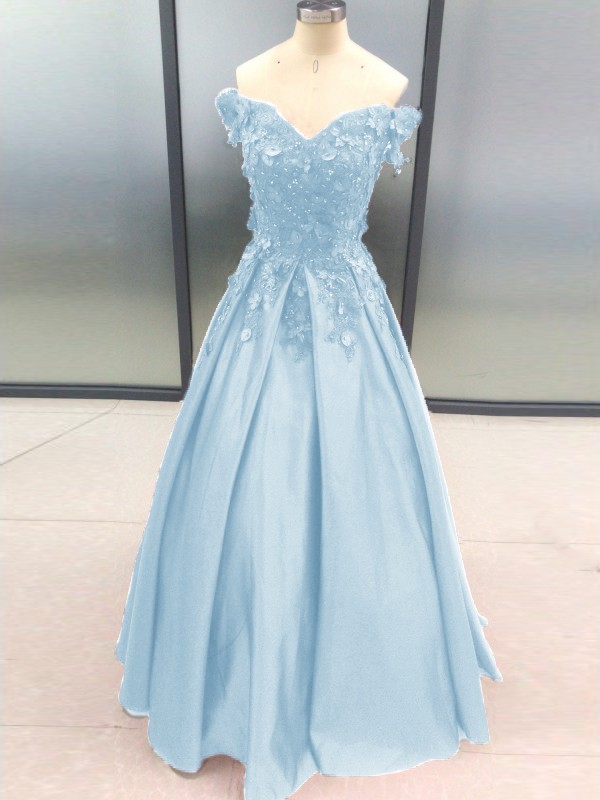 Ball Gown Sleeveless Off-the-Shoulder Applique Satin Floor-Length Dresses 5700