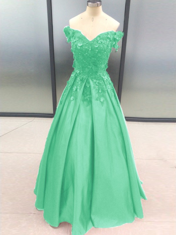 Ball Gown Sleeveless Off-the-Shoulder Applique Satin Floor-Length Dresses 5700