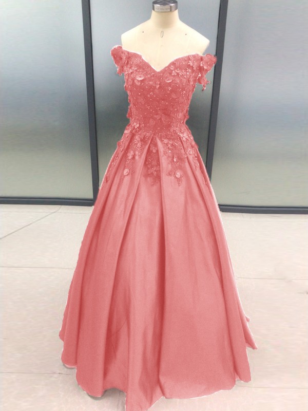 Ball Gown Sleeveless Off-the-Shoulder Applique Satin Floor-Length Dresses 5700