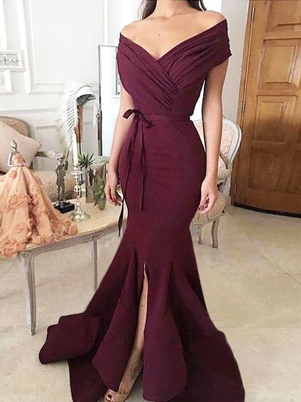 Trumpet/Mermaid Off-the-Shoulder Sleeveless Floor-Length Ruched Stretch Crepe Dresses 7156