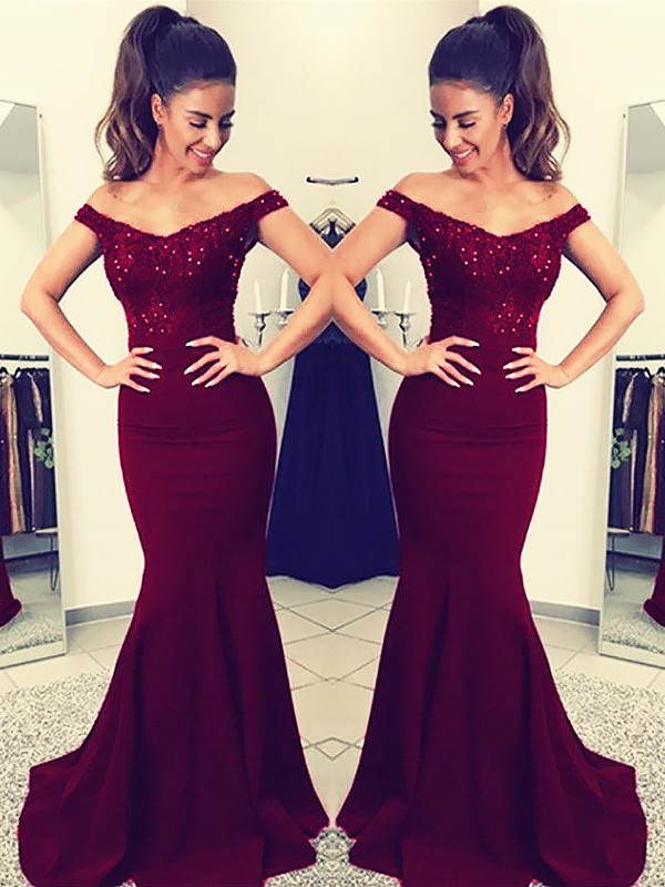 Trumpet/Mermaid Off-the-Shoulder Sleeveless Sweep/Brush Train Lace Elastic Woven Satin Dresses 7154