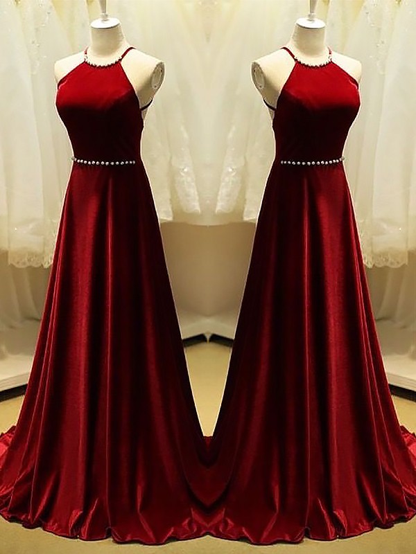 A-Line Halter Sleeveless Sweep/Brush Train With Beading Satin Dresses 3316