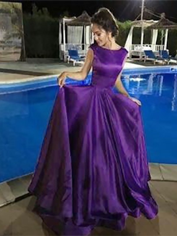 A-Line Bateau Sleeveless Floor-Length With Ruffles Satin Dresses 3315