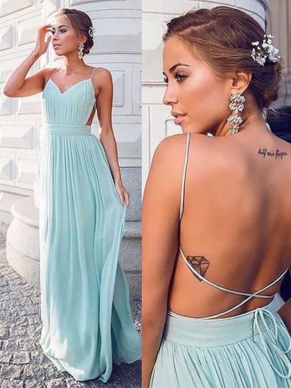 A-Line Spaghetti Straps Sleeveless Floor-Length With Ruched Chiffon Dresses 5603