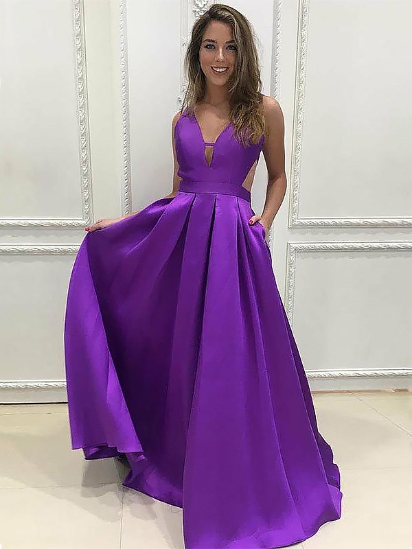 A-Line V-neck Sleeveless Sweep/Brush Train With Ruffles Satin Dresses 5615