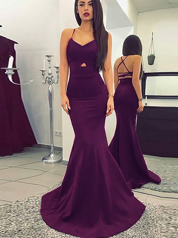 Mermaid Spaghetti Straps Sleeveless Sweep/Brush Train With Ruched Stretch Crepe Dresses 5829