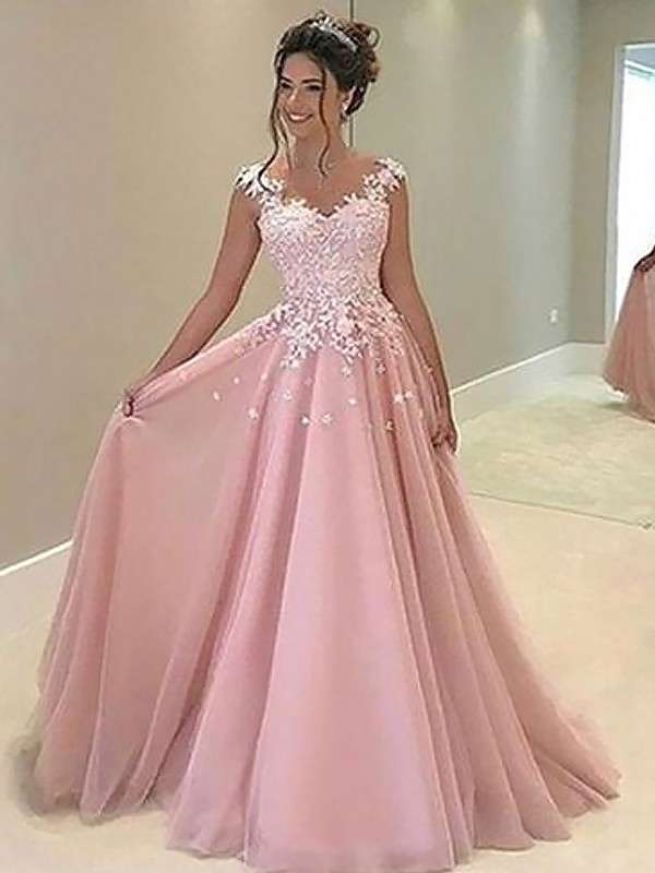 A-Line/Princess Sweetheart Sleeveless Floor-Length Applique Tulle Dresses 5075