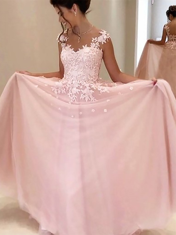 A-Line/Princess Sweetheart Sleeveless Floor-Length Applique Tulle Dresses 5075