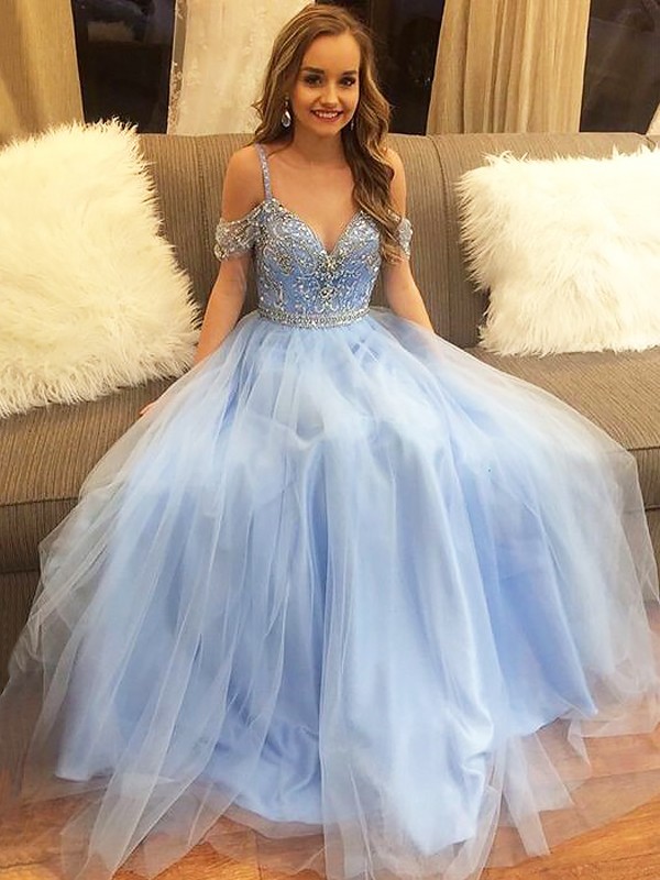 A-Line/Princess Off-the-Shoulder Floor-Length Tulle Sleeveless Beading Dresses 3793