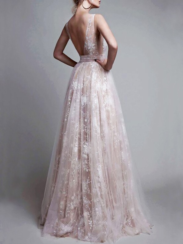 A-Line/Princess V-neck Floor-Length Tulle Sleeveless Applique Dresses 5455