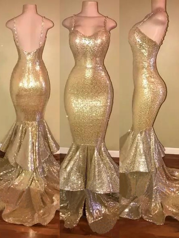 Trumpet/Mermaid Spaghetti Straps Sweep/Brush Train Sleeveless Sequins Ruffles Dresses 7401