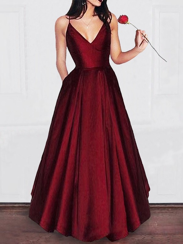 A-Line/Princess V-neck  Floor-Length Ruffles Satin Dresses 5453