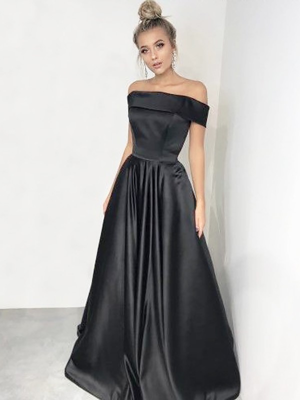 A-Line/Princess Off-the-Shoulder Sleeveless Sweep/Brush Train Ruffles Satin Dresses 3825