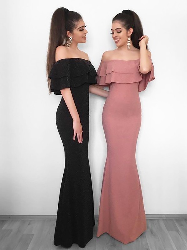 Sheath/Column Off-the-Shoulder Sleeveless Floor-Length Ruffles Stretch Crepe Dresses 6142