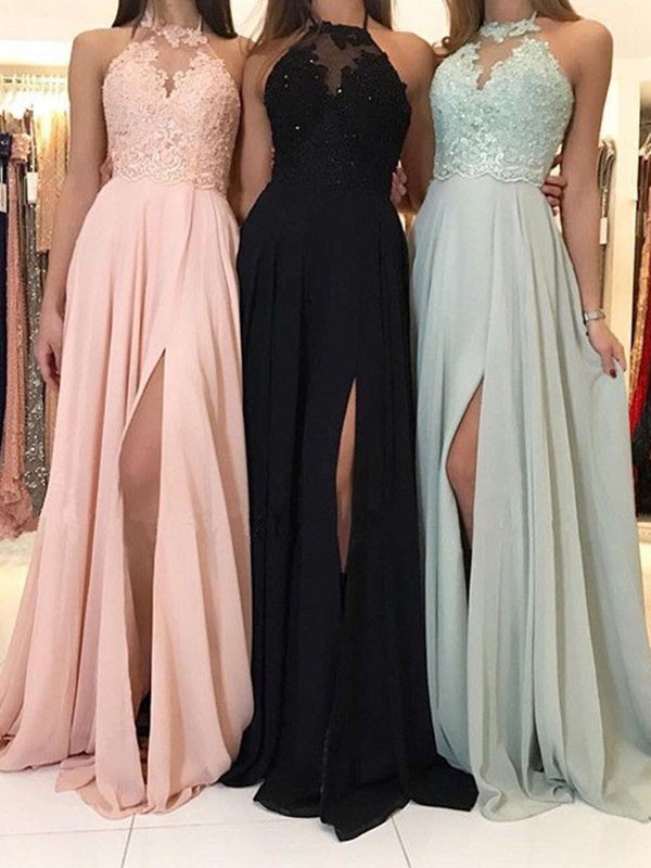 A-Line/Princess Halter Applique Sleeveless Ruched Sweep/Brush Train Chiffon Dresses 3559