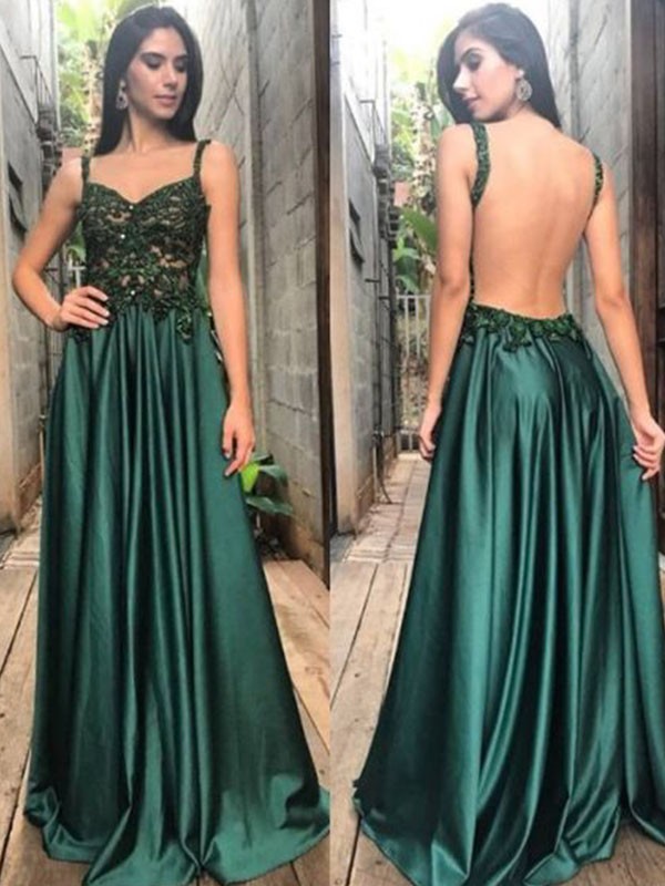 A-Line/Princess Straps Sleeveless Floor-Length Applique Ruched Satin Dresses 4853