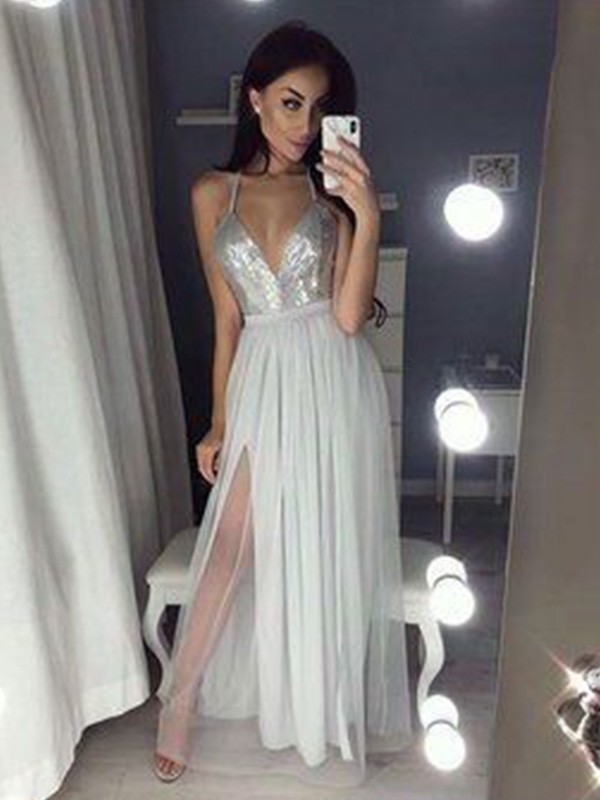 A-Line/Princess Straps V-neck Sleeveless Ruched Chiffon Beading Floor-Length Dresses 4870