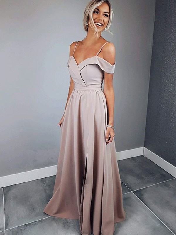 A-Line/Princess Spaghetti Straps Short Sleeves Floor-Length Ruched Stretch Crepe Dresses 4703