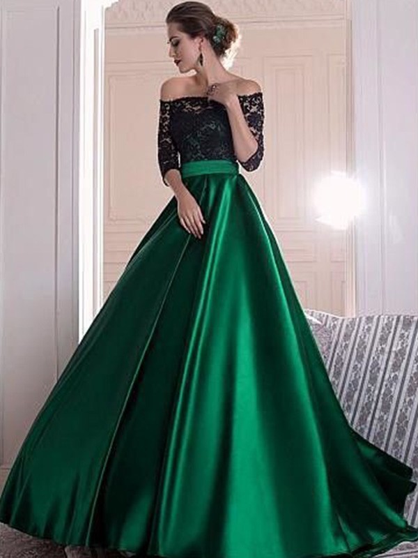 A-Line/Princess Off-the-Shoulder 3/4 Sleeves Lace Ruched Sweep/Brush Train Satin Dresses 3783