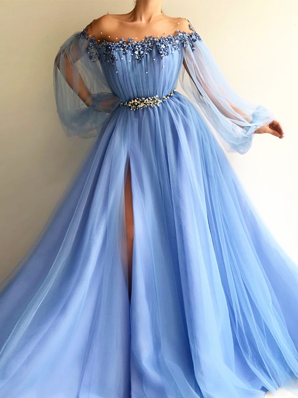 A-Line/Princess Long Sleeves Off-the-Shoulder Tulle Beading Floor-Length Dresses 3760