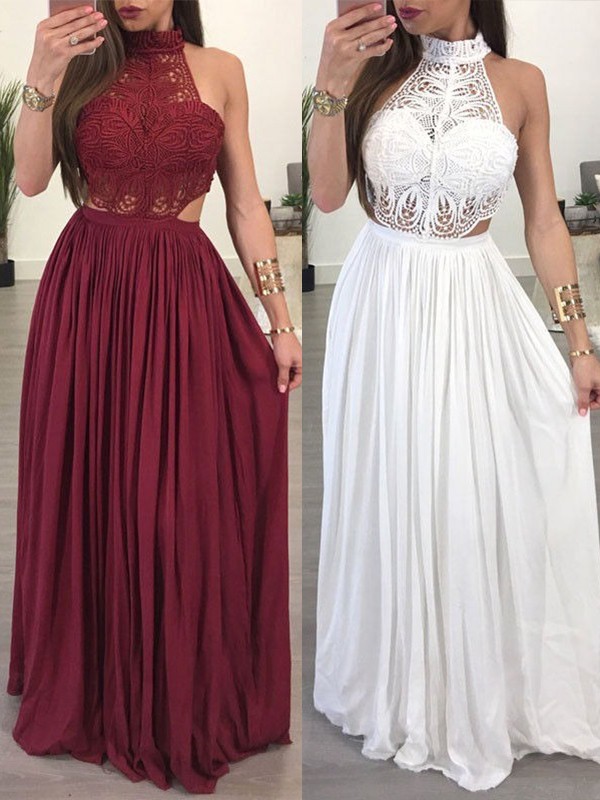 A-Line/Princess Sleeveless Halter Floor-Length Chiffon Lace Dresses 4517