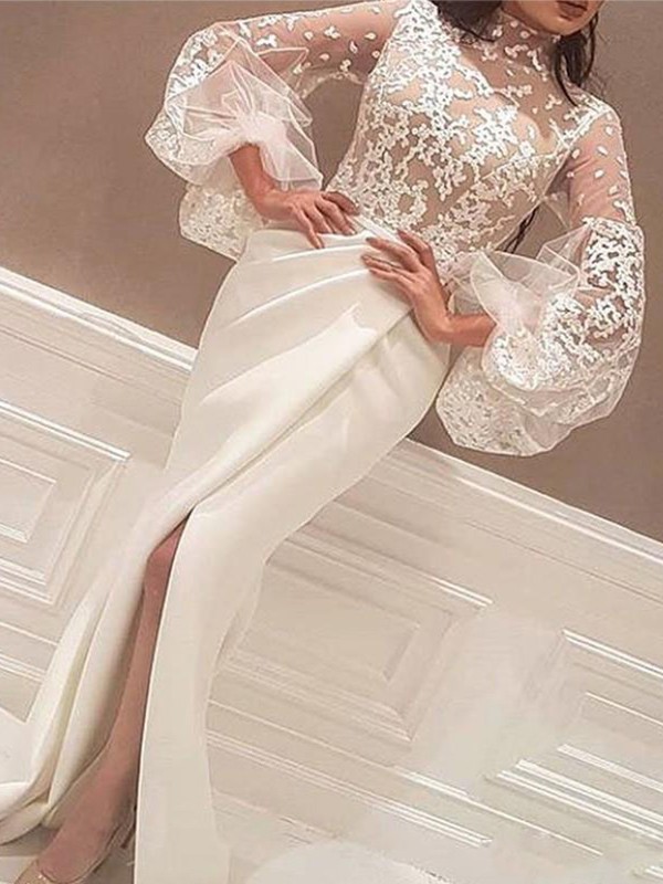 Trumpet/Mermaid Long Sleeves High Neck Sweep/Brush Train Lace Stretch Crepe Dresses 7111