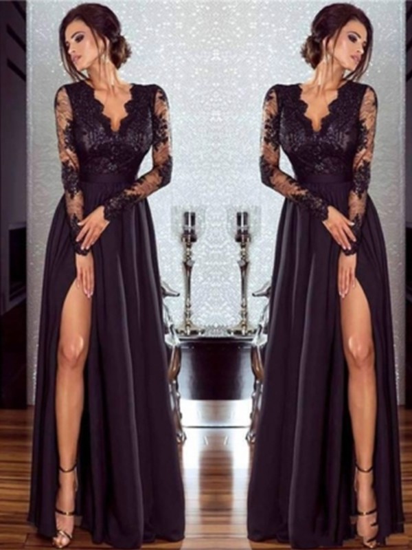 A-Line/Princess Long Sleeves V-neck Floor-Length Lace Satin Chiffon Applique Dresses 3775