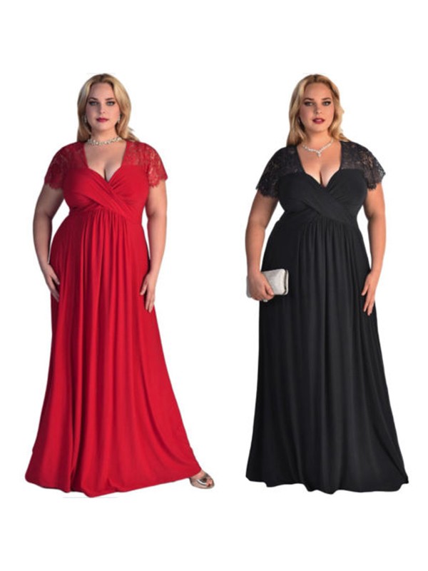 A-Line/Princess Short Sleeves V-neck Floor-Length Lace Chiffon Plus Size Dresses 4436