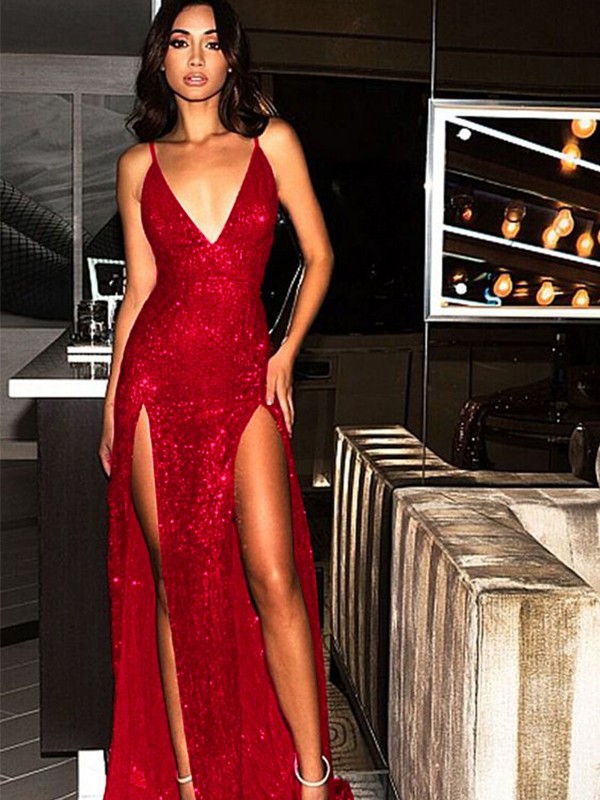 Sheath/Column Sleeveless V-neck Sweep/Brush Train Sequins Dresses 6627