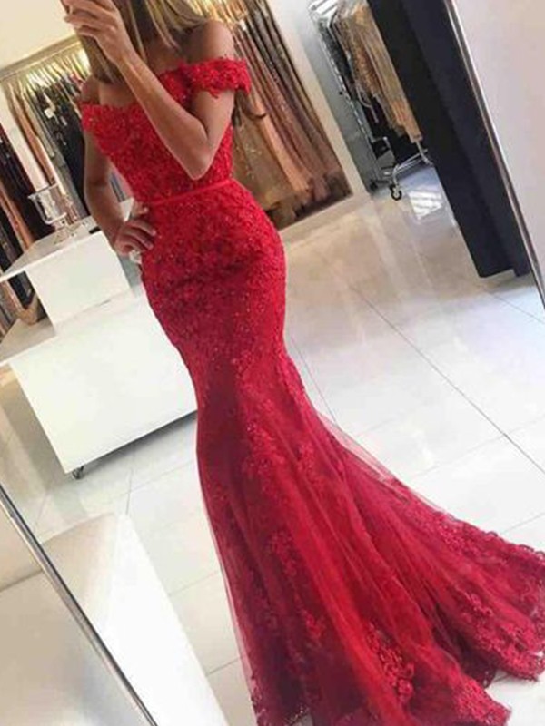 Trumpet/Mermaid Sleeveless Off-the-Shoulder Sweep/Brush Train Tulle Applique Dresses 7346