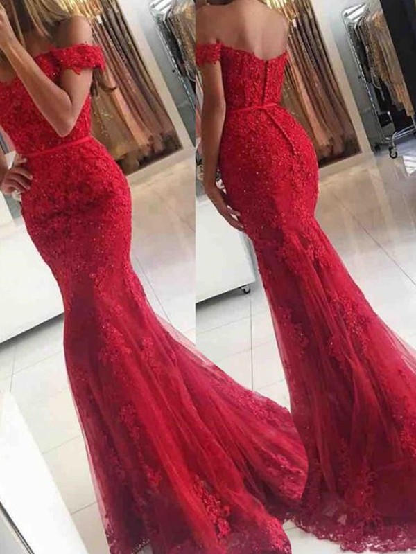 Trumpet/Mermaid Sleeveless Off-the-Shoulder Sweep/Brush Train Tulle Applique Dresses 7346