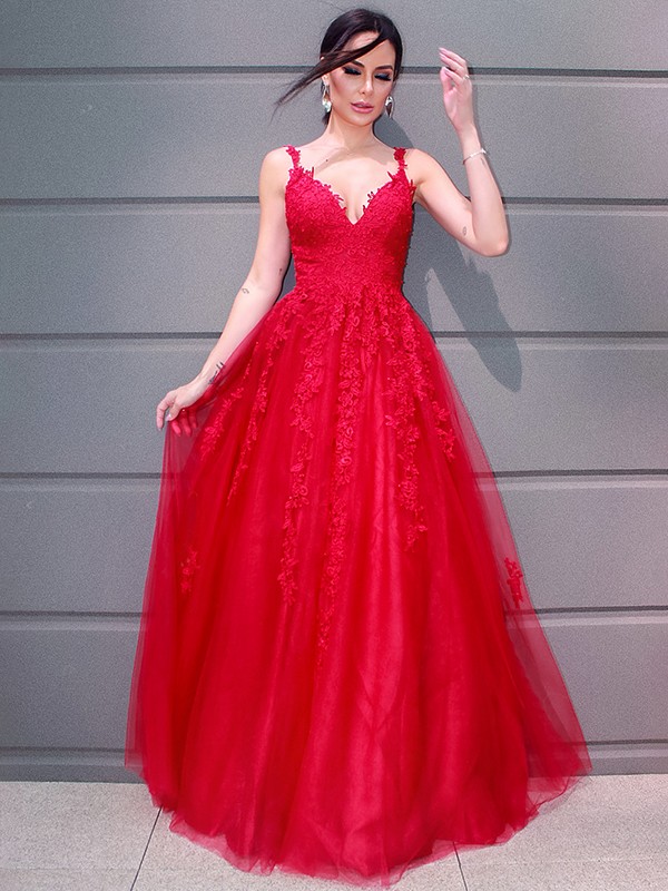 A-Line/Princess Tulle V-neck Floor-Length Applique Sleeveless Dresses 5421