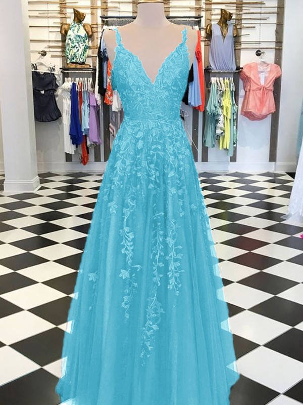 A-Line/Princess Sleeveless V-neck Floor-Length Applique Tulle Dresses 4644