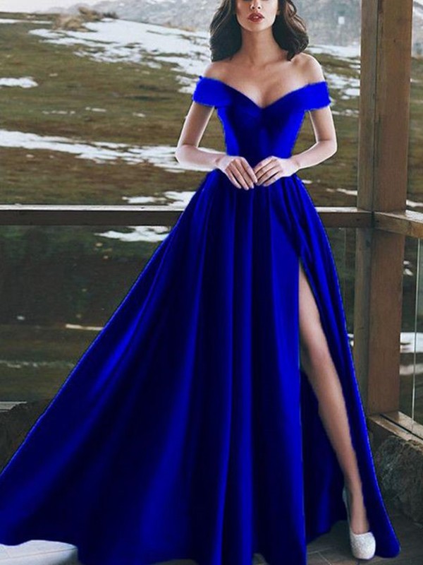 A-Line/Princess Sleeveless Off-the-Shoulder Floor-Length Ruffles Satin Dresses 4553